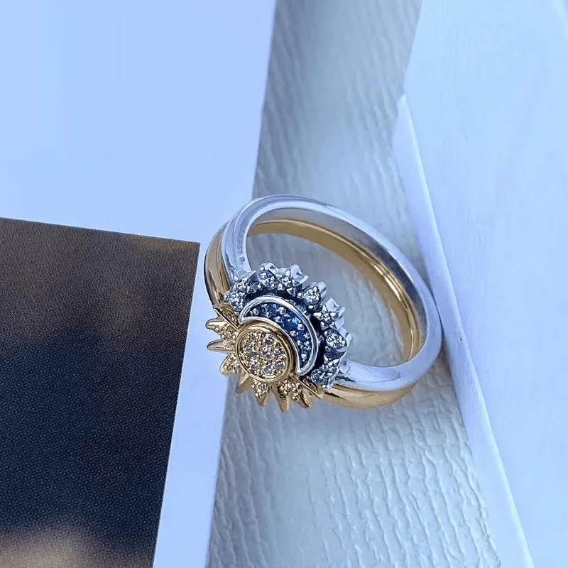 Close-up: Intricate Celestial Sun & Moon crystal ring for women, detailed design, dazzling sparkle.