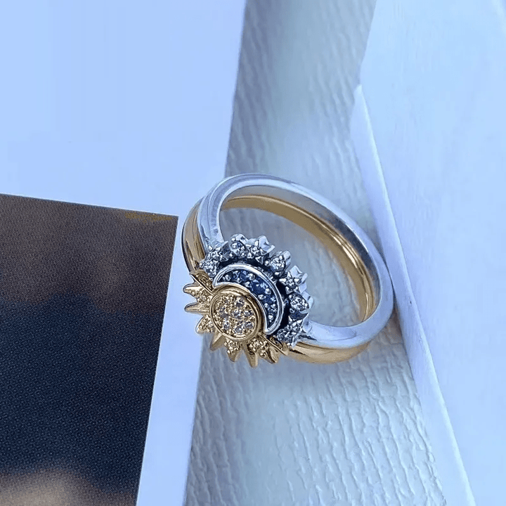 Close-up: Intricate Celestial Sun & Moon crystal ring for women, detailed design, dazzling sparkle.