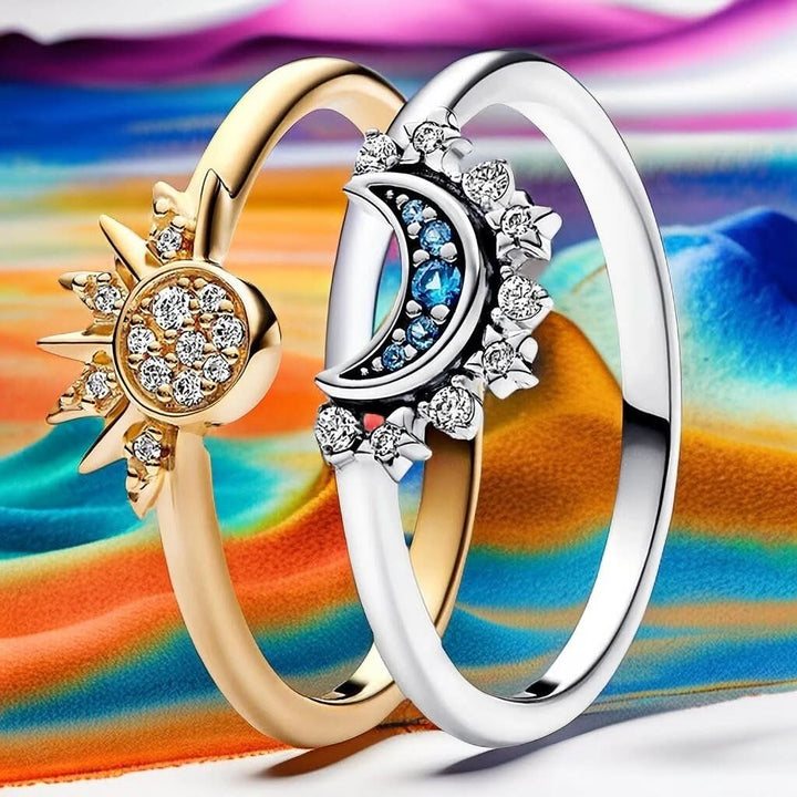 Elegant women's statement ring, celestial sun & moon design, shimmering crystal accents. Perfect for her.