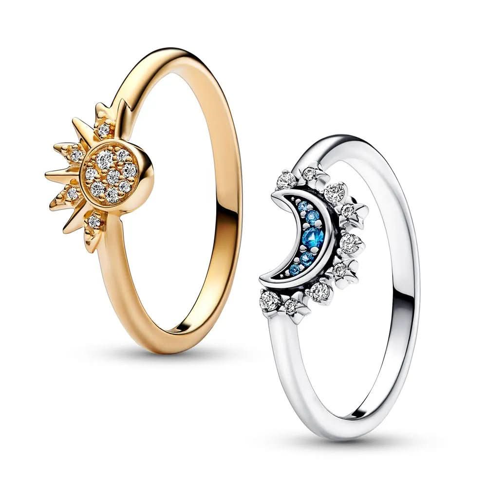 Unique fashion ring: Sun & Moon celestial jewelry with sparkling crystals, a captivating gift idea.