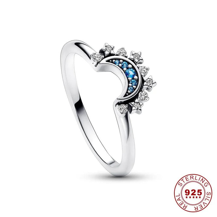 Side view of the Celestial Sun & Moon crystal ring for women, showcasing its delicate and unique design.