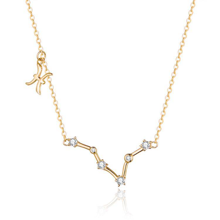 Detailed close-up of a gold plated celestial zodiac constellation necklace.