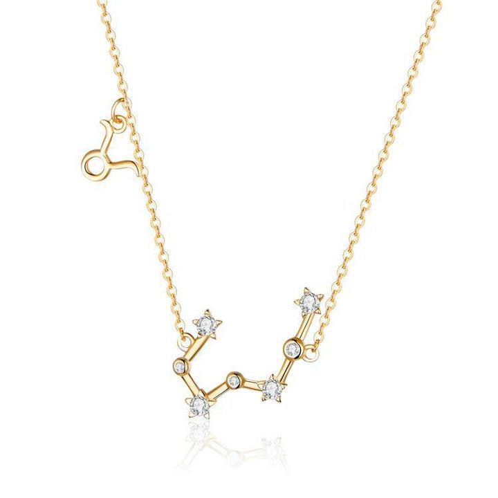 Woman wearing an elegant sterling silver zodiac sign necklace, celestial jewelry.
