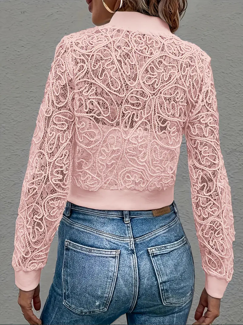 Celina women's sheer lace bomber jacket, cropped and elegant fashion statement.