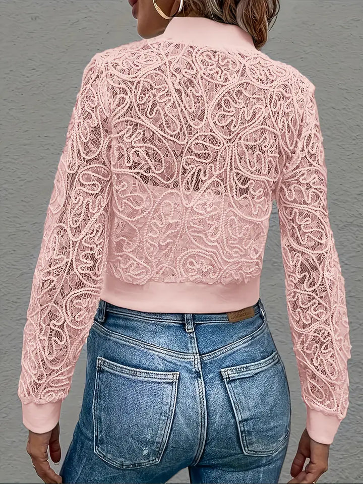 Celina women's sheer lace bomber jacket, cropped and elegant fashion statement.