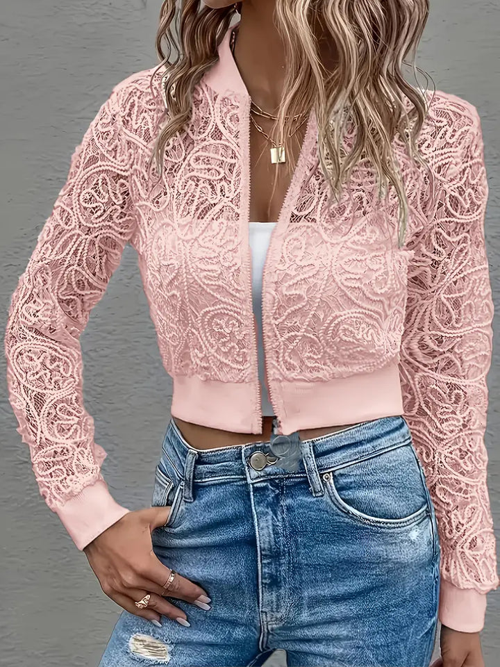 Women's Celina cropped jacket, a stylish lace bomber with intricate embroidery.