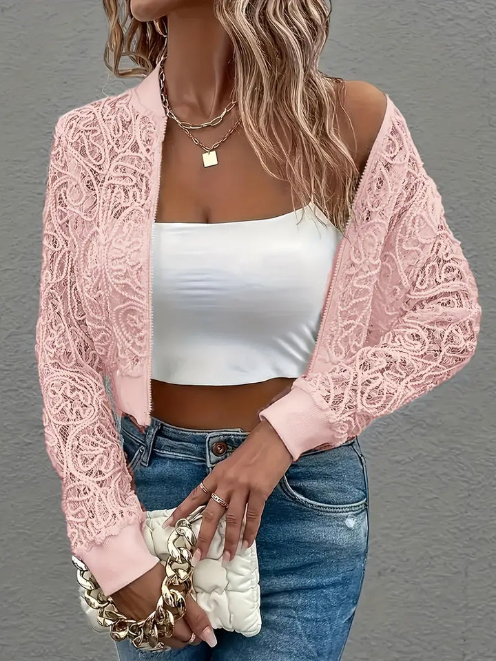 Elegant women's Celina lace bomber, a lightweight sheer cropped jacket for fashion.