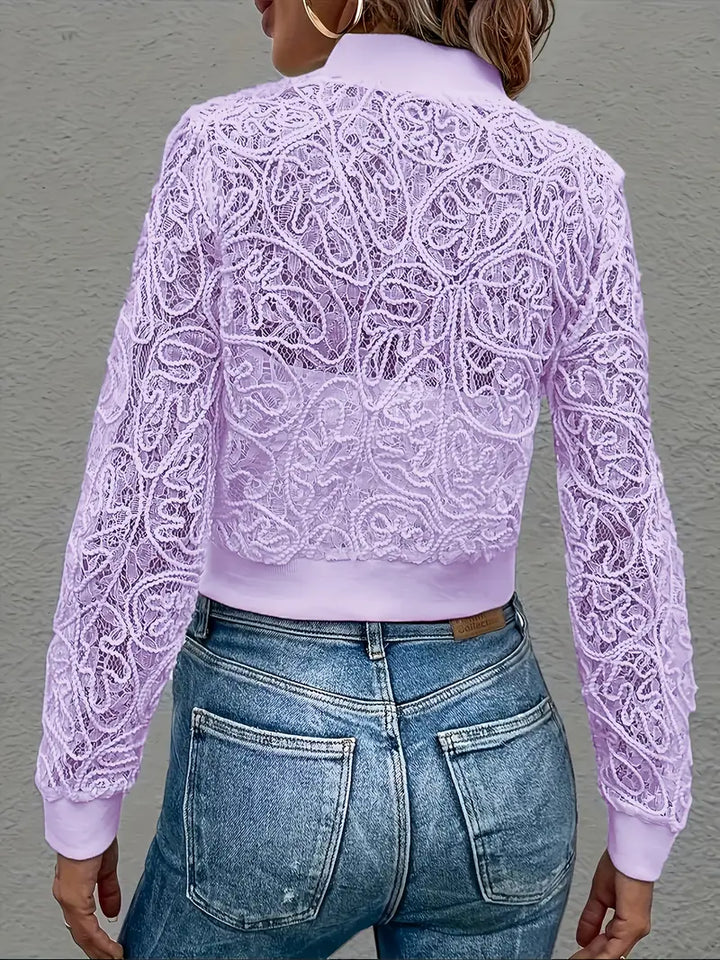 Women's Celina sheer lace bomber, a fashionable cropped jacket for stylish outfits.