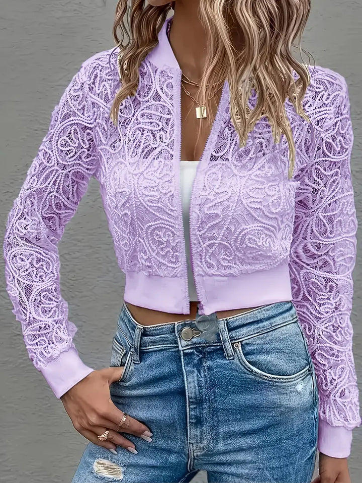 Lightweight women's Celina cropped lace bomber jacket, elegant summer outerwear.