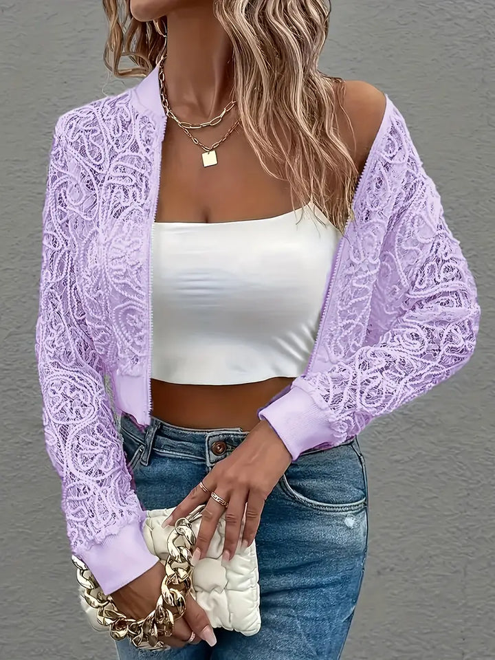 Embroidered women's Celina cropped jacket, a stylish lace bomber for fashion.