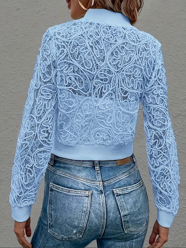 Fashionable women's Celina cropped lace bomber, lightweight and intricately embroidered.