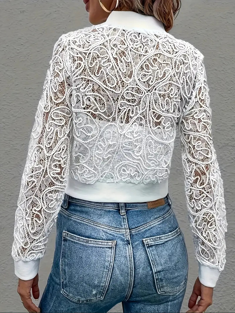 Stylish women's cropped lace bomber jacket, perfect lightweight summer fashion.