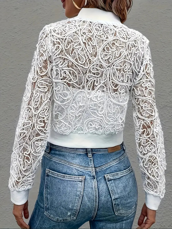 Stylish women's cropped lace bomber jacket, perfect lightweight summer fashion.