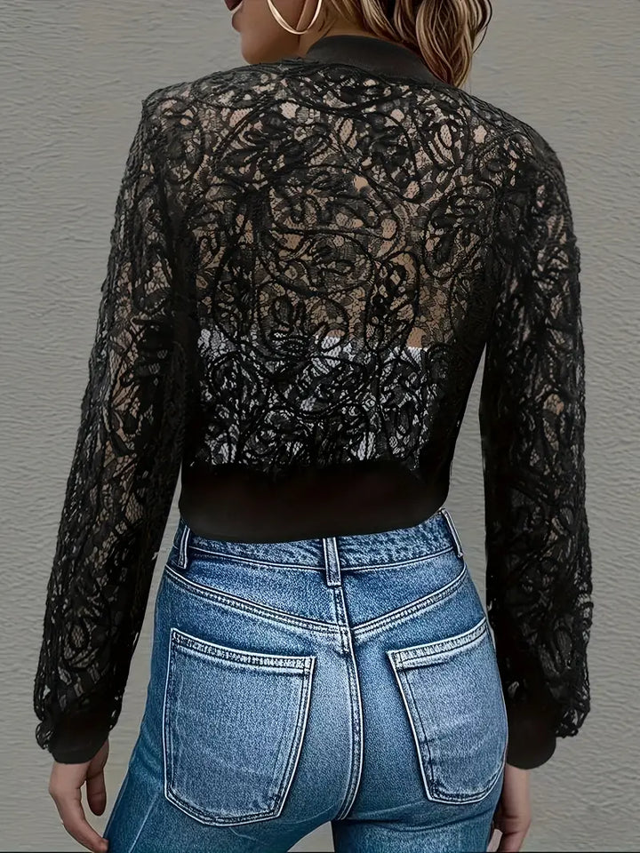 Fashionable Celina women's lace bomber jacket, cropped and lightweight outerwear.