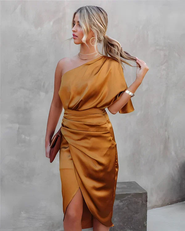 Side profile of women's Celina long party dress, an elegant maxi gown for sophisticated evening events.