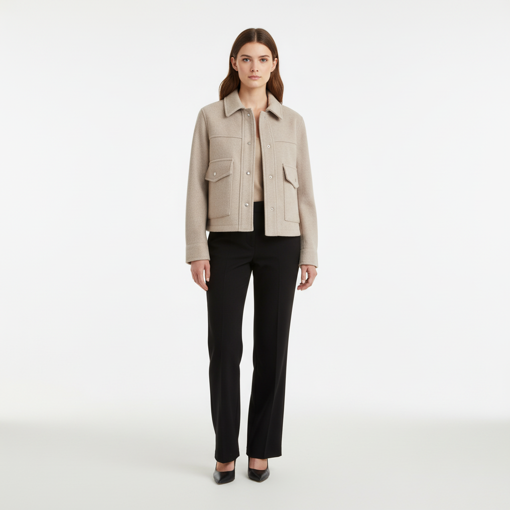 Casual chic women's outerwear jacket, made from a comfortable wool blend, elegant and versatile.