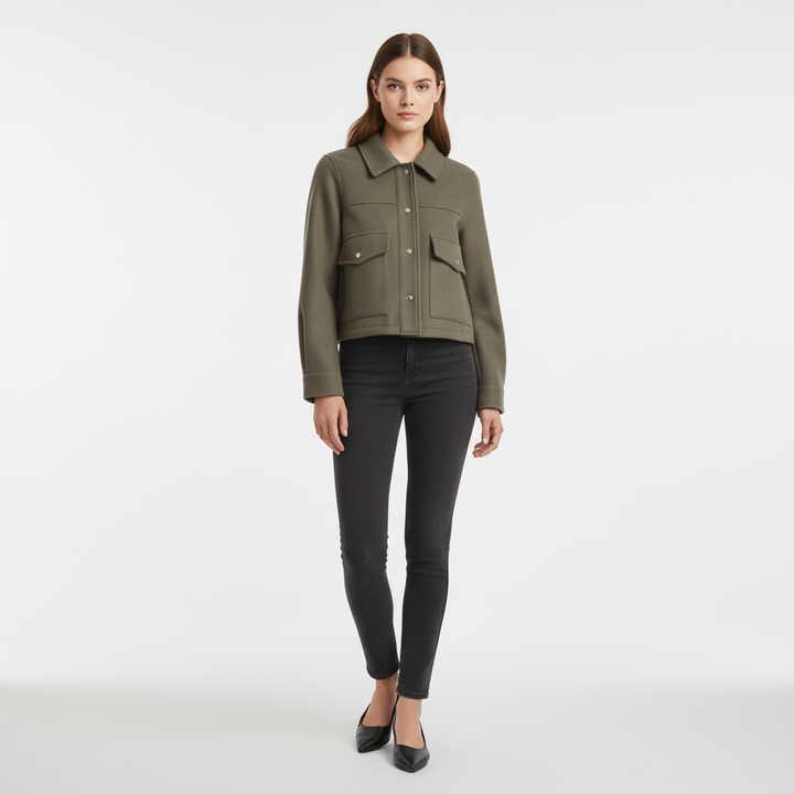 Fashionable women's button jacket, wool blend material, giving a sophisticated casual chic look.