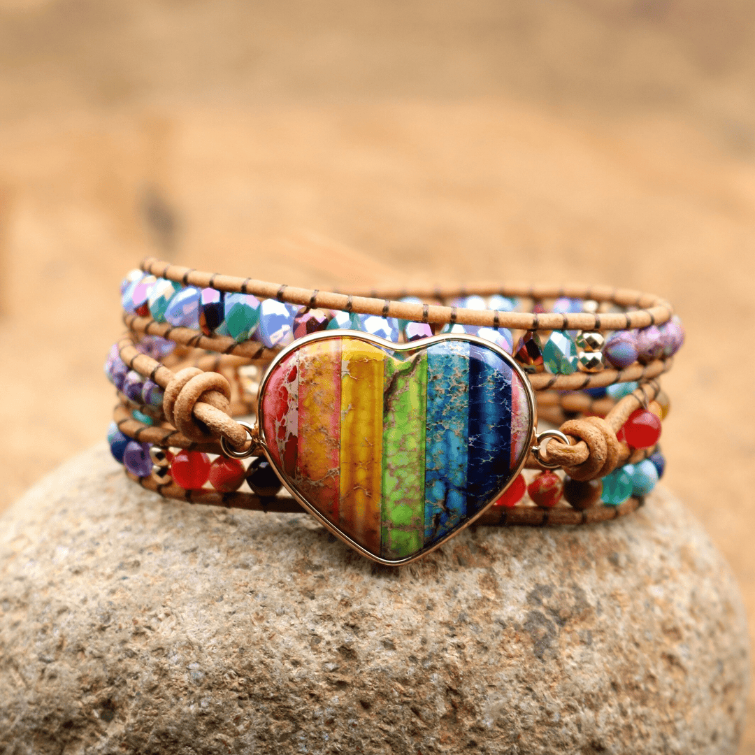 Women's Chakra Heart Wrap Bracelet by Liora featuring natural jasper stones, perfect for energy healing.