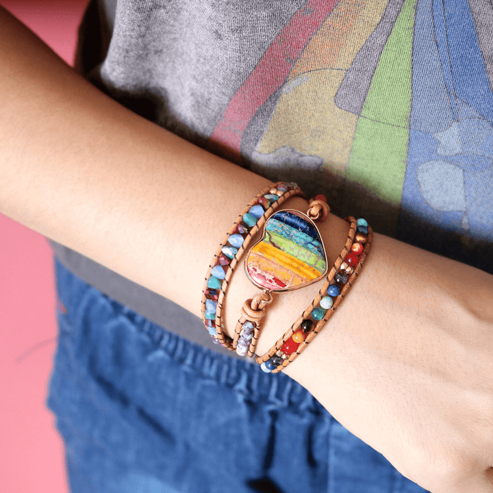 Bohemian chakra heart wrap bracelet with jasper stones, handcrafted women's accessory for peaceful meditation.