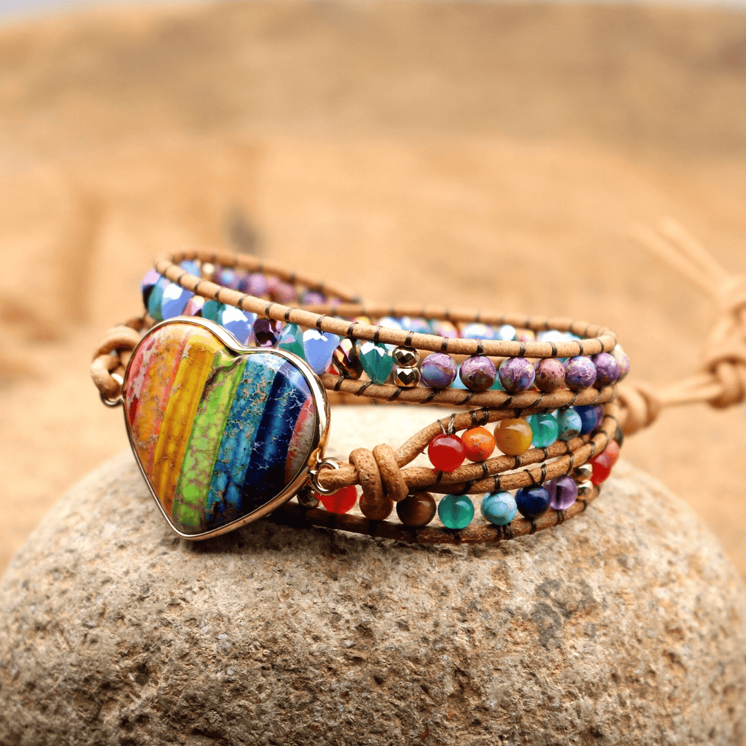 Liora's balancing chakra heart wrap bracelet with natural jasper stones, a stylish energy healing accessory.