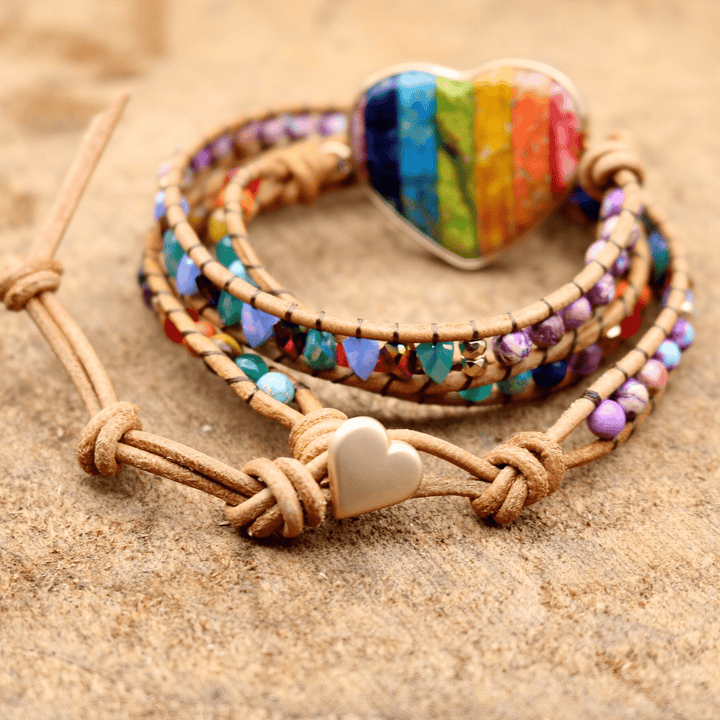 Handcrafted women's jasper stone chakra heart wrap bracelet, bohemian jewelry for mindful energy balance.