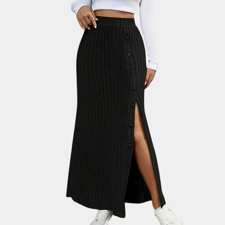 Women's charcoal gray ribbed knit maxi skirt, elegant and versatile for causal or dressy occasions