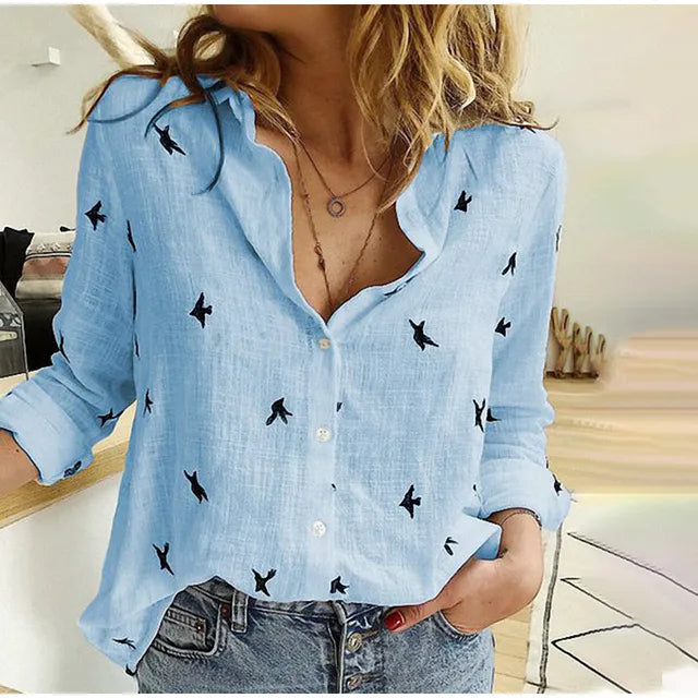 Women's charming bird print button-up blouse, long sleeve, relaxed fit, perfect casual collared shirt for spring.