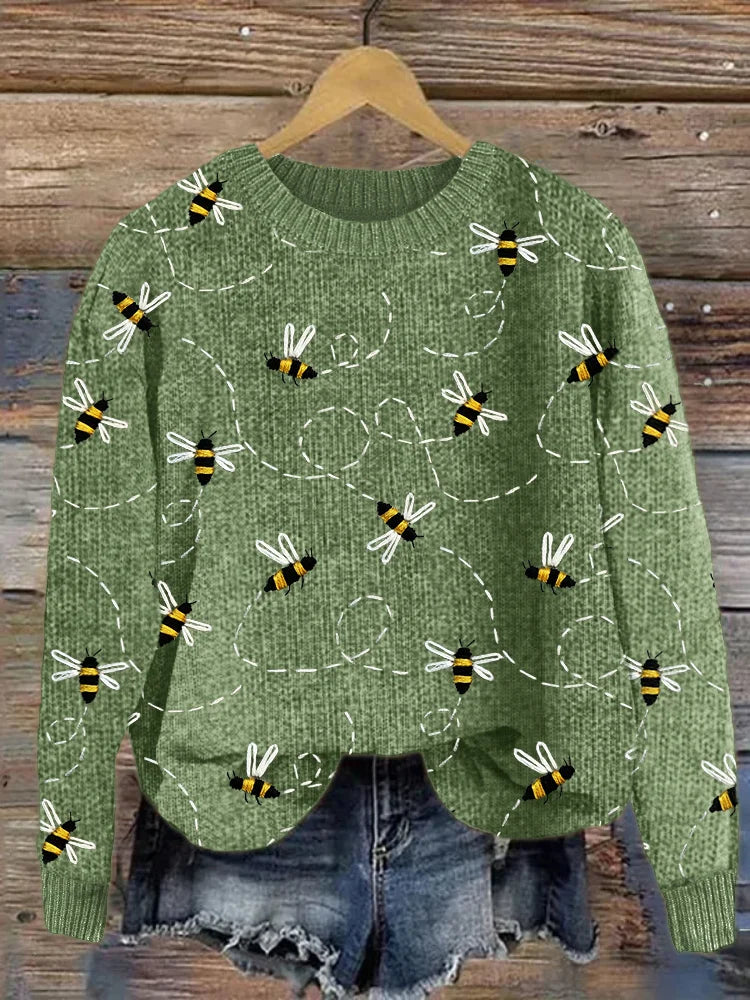 Casual women's knitted pullover in a Marlise style, featuring a unique and elegant bee embroidery design.