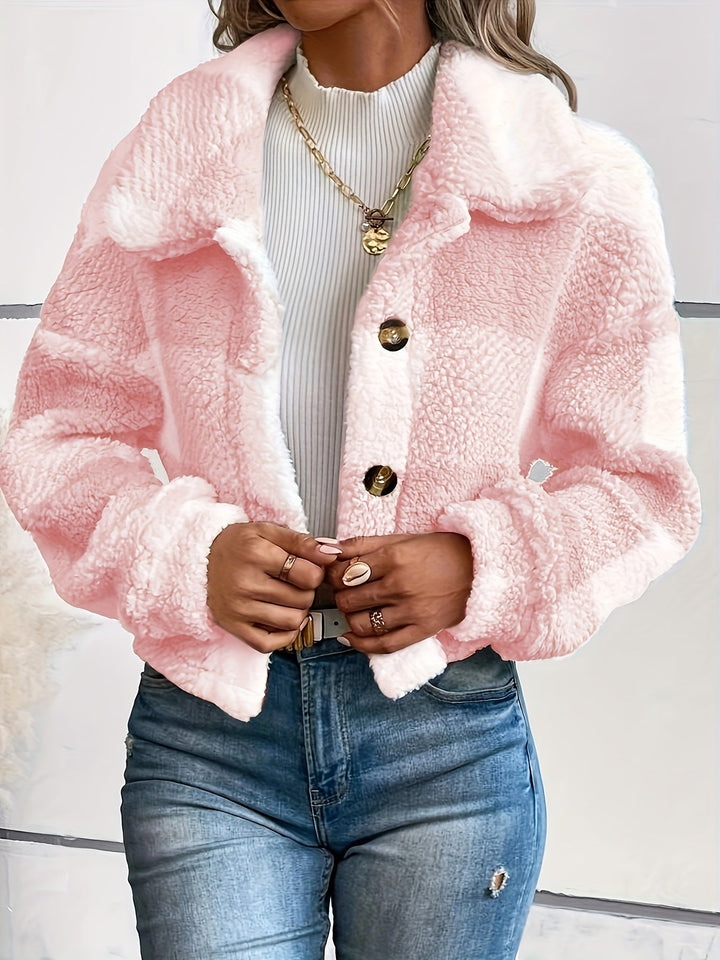 Cozy women's checked winter jacket with button front. Stylish & warm outerwear for fall and cold weather.
