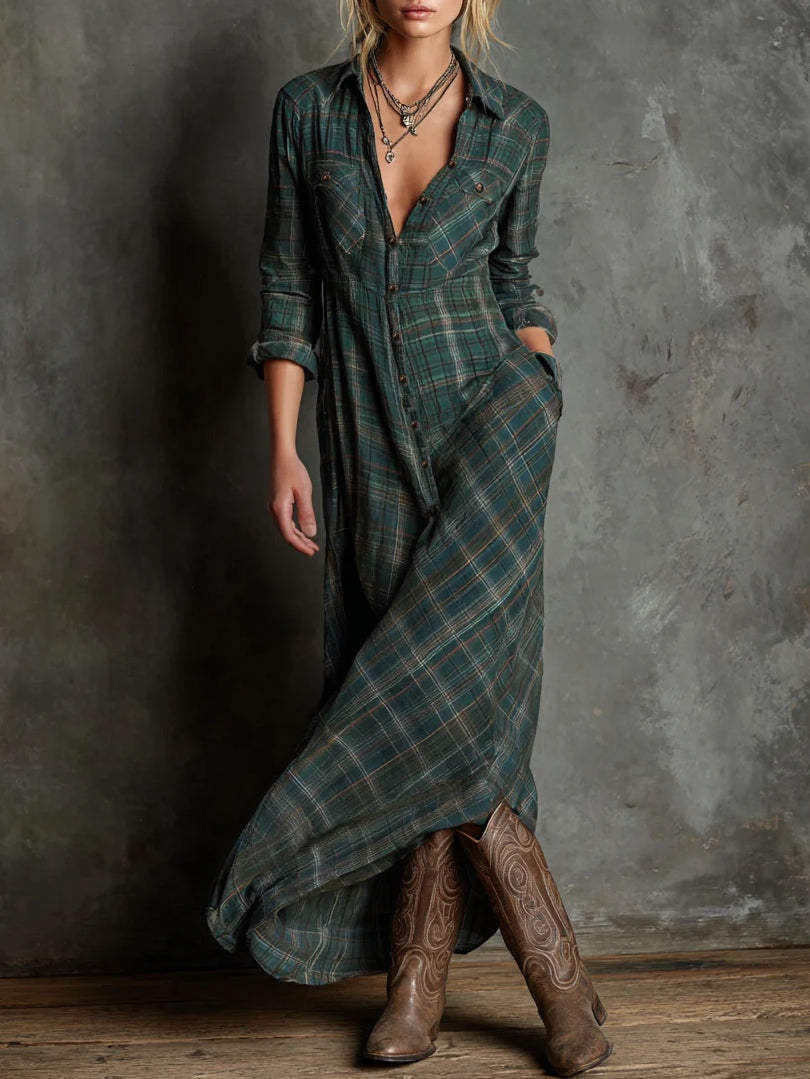 Women's checkered maxi shirt dress with lapel collar and button-front. Elegant long-sleeve casual fashion for autumn.