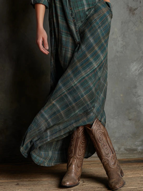 Versatile women's checkered long-sleeve maxi dress. Features a stylish lapel and full button-front, perfect for day to night.
