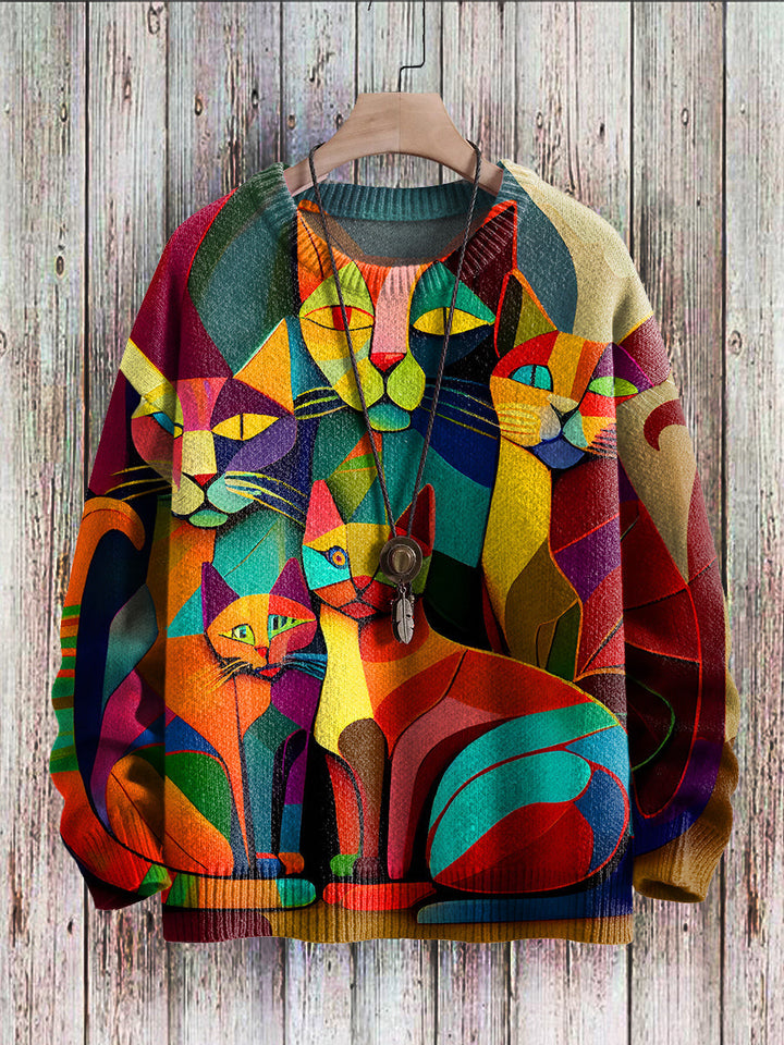 Women's cheerful cat print sweater. Cozy long sleeve top with playful feline graphics, perfect for casual wear.