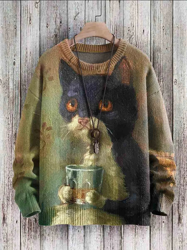 Playful women's cat sweater. Stylish long sleeve top with a cheerful cat print, ideal for autumn casual fashion.