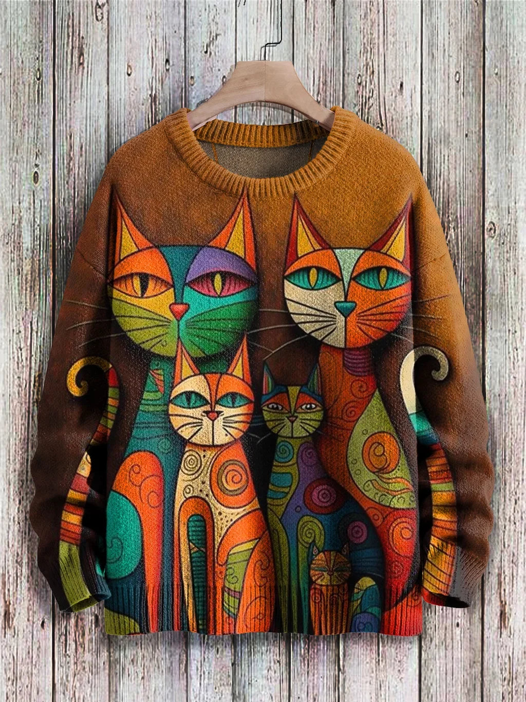 Stylish women's cat print sweater. Cheerful long sleeve round neck top with cute cats, perfect for autumn casual wear.