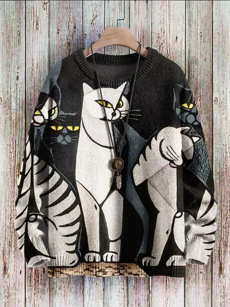 Women's playful cat print sweater. Comfortable long sleeve round neck top with cheerful feline design for casual style.