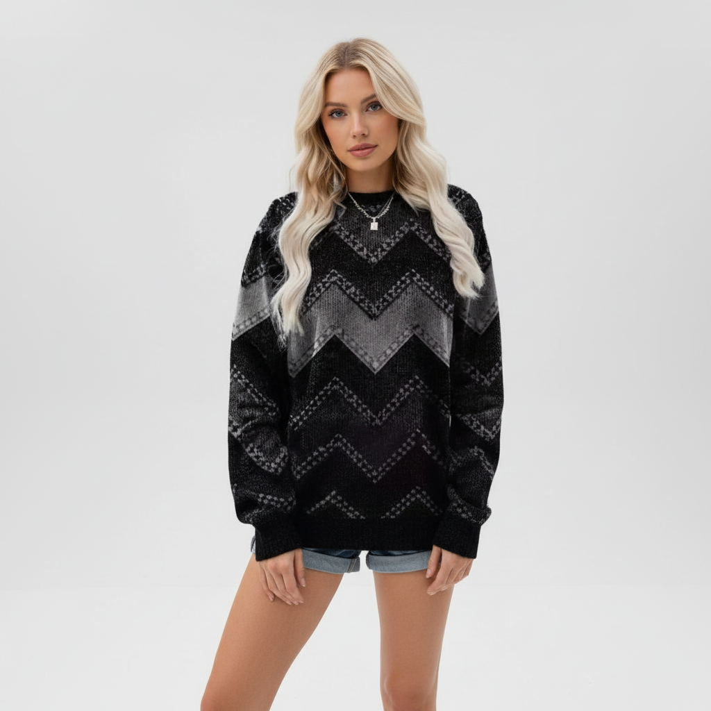 Cozy women's chevron pattern knit sweater for winter fashion_polyester blend jumper