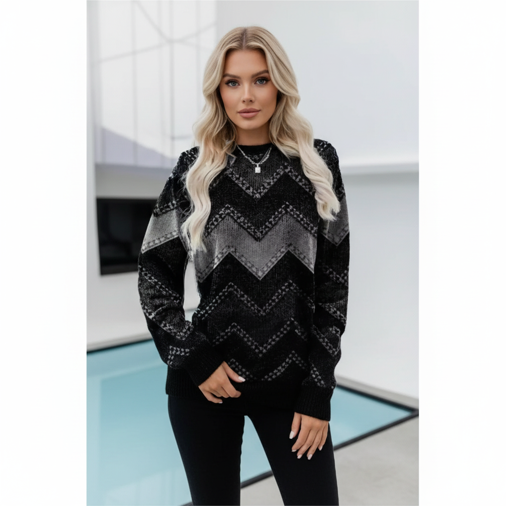 Round neck chevron pattern knit sweater_cozy polyester blend jumper for women