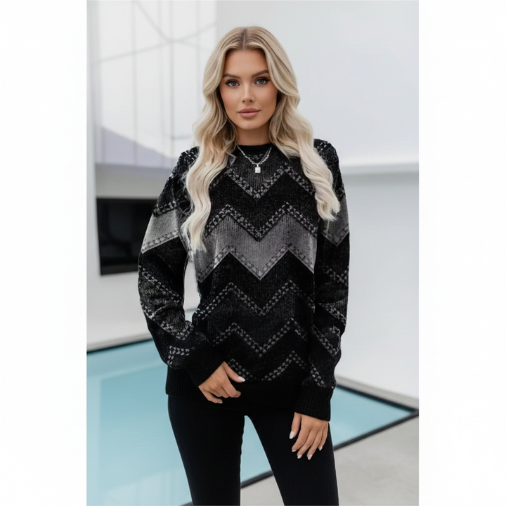 Round neck chevron pattern knit sweater_cozy polyester blend jumper for women