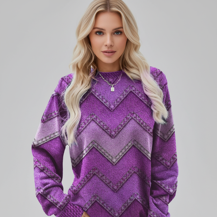 Women's round neck chevron pattern jumper_loose fit knit sweater_autumn fashion