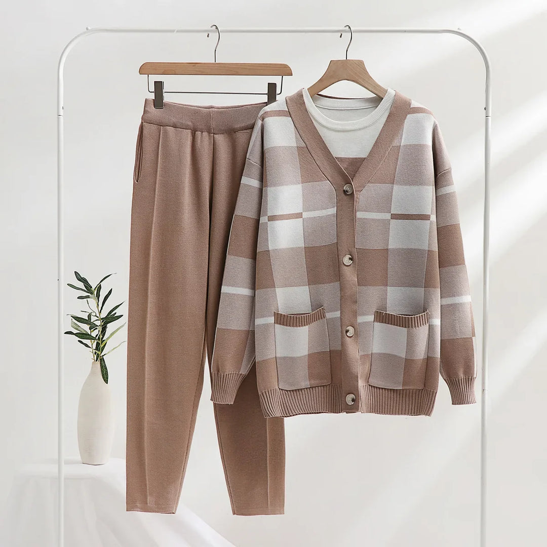 Stylish women's 3-piece plaid loungewear set featuring a cozy cardigan, comfy pants, and a matching tank top.