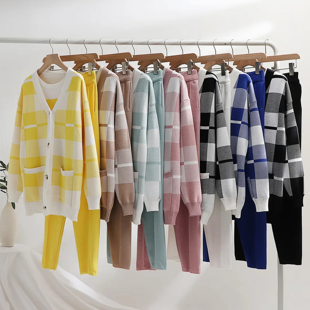 Full view of women's chic 3-piece plaid loungewear set, showing the cardigan, tank top, and relaxed fit pants.