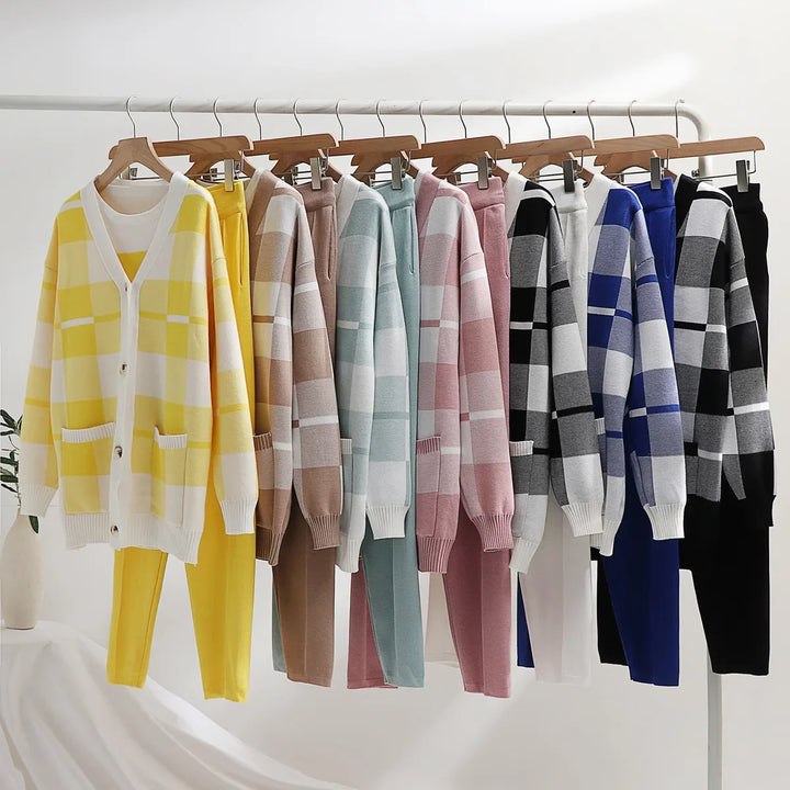 Full view of women's chic 3-piece plaid loungewear set, showing the cardigan, tank top, and relaxed fit pants.