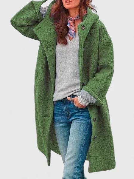 Comfortable women's fall jacket with a hood and button closure, perfect casual outerwear for everyday style.