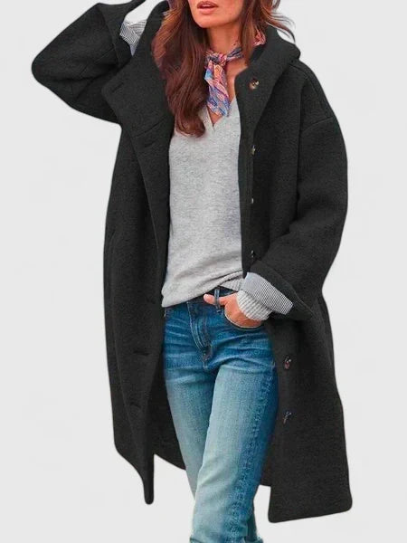 Women's hooded autumn jacket with button details, comfortable and casual, essential fall outerwear for daily style.