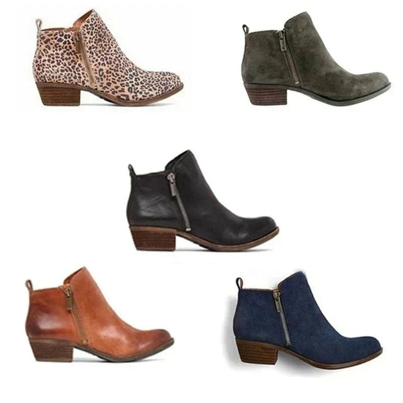 Versatile women's block heel ankle boots with side zip. Great for casual outfits, workwear, and stylish fall/winter looks.