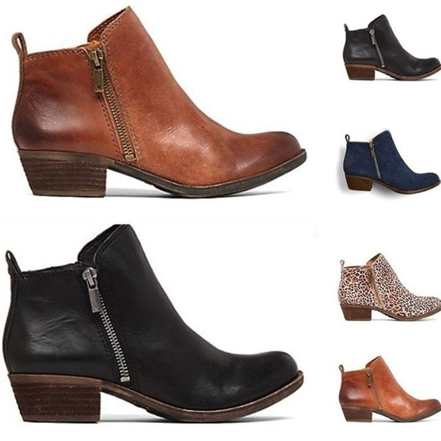 Trendy women's ankle boots with block heel and side zip. Essential stylish footwear for fall and winter casual outfits.