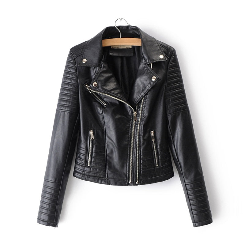Women's chic black biker jacket, a versatile outerwear piece for modern style & everyday fashion.