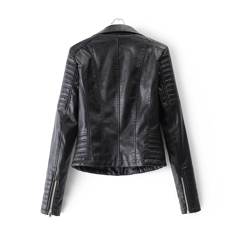 Stylish women's black biker jacket, perfect for versatile fashion, showcasing modern chic outerwear.