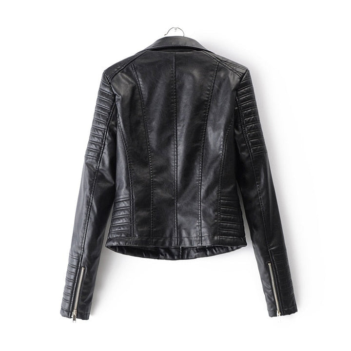 Stylish women's black biker jacket, perfect for versatile fashion, showcasing modern chic outerwear.