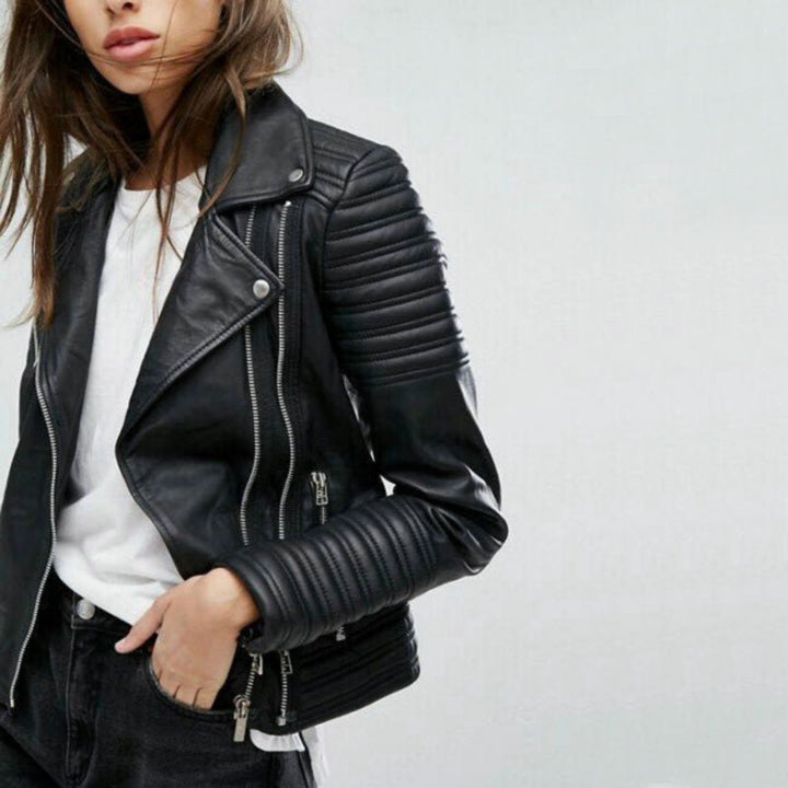 Classic black women's biker jacket with durable zippers, offering a chic & stylish modern outerwear look.